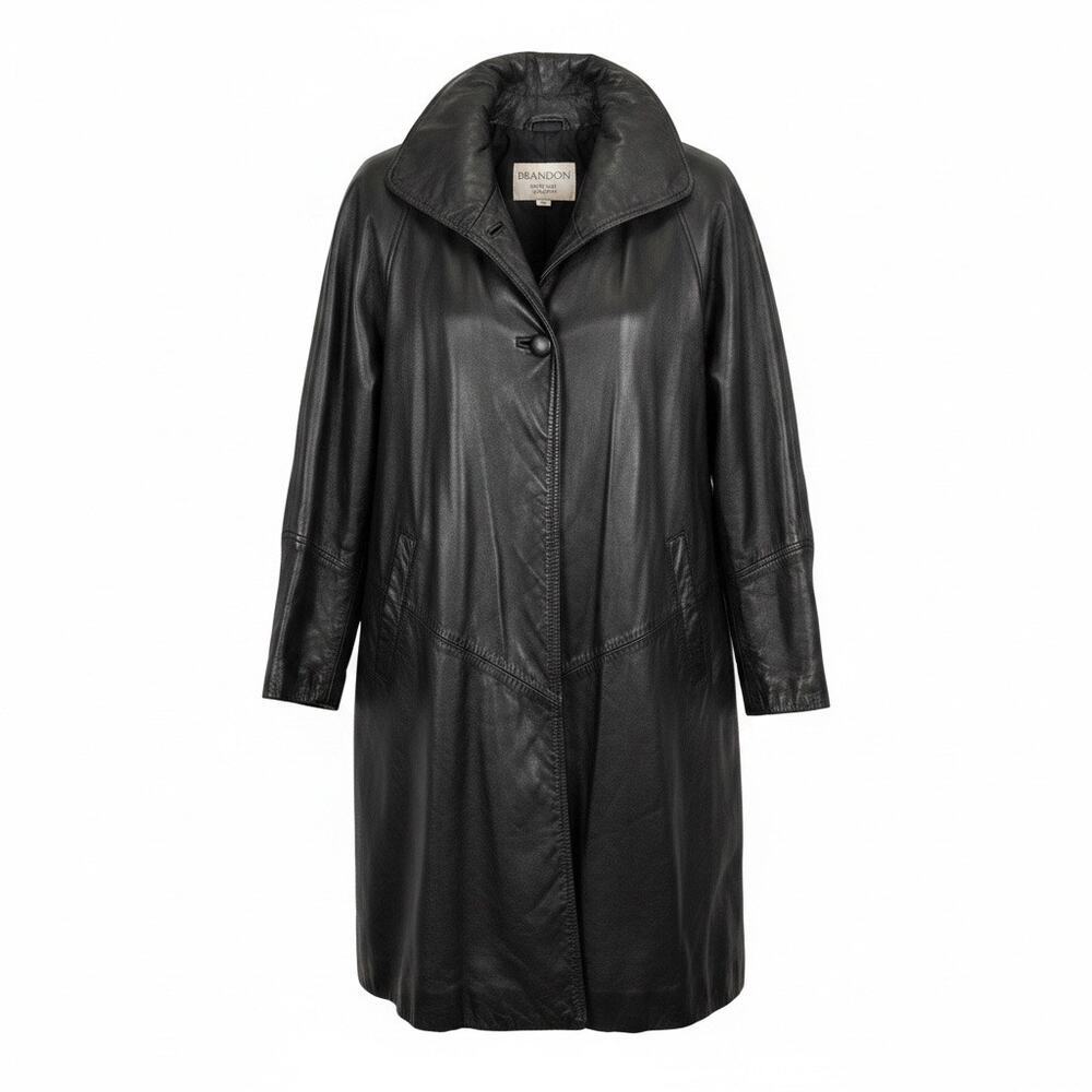 Vintage Brandon Thomas Black Leather Trench Jacket Coat Women Small Oversized
